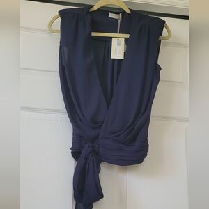 Ramy Brook Deep Navy Draped Tie-Waist Sleeveless Blouse